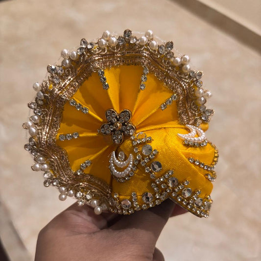 Pitambar Yellow Moti-Mukut Pearl & Stone Designer Pagdi for Laddu Gopal