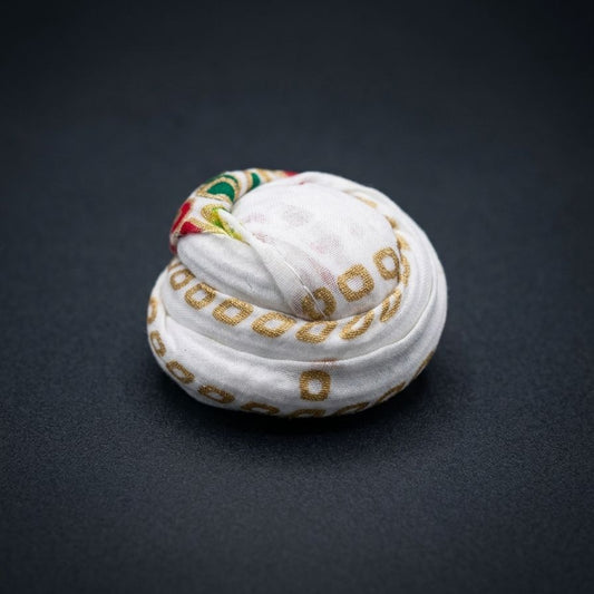 Royal Rajasthani Marwar Shahi Pagdi for Ladoo Gopal Ji featuring traditional Gotta Patti borders and vibrant ethnic fabric.
