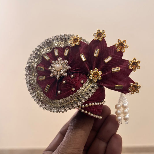 Raktam Maroon Moti-Latkan Sunburst Designer Pagdi for Laddu Gopal