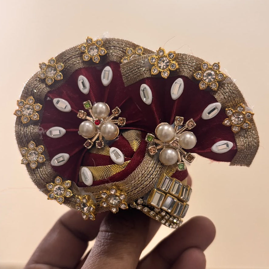 Raktam Maroon Pearl-Kalangi Double-Fan Designer Pagdi for Laddu Gopal