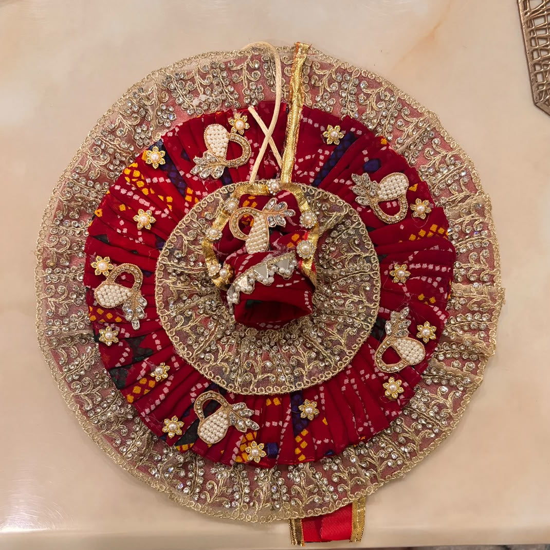 Raktam Red Bandhan-Kriti Pearl-Peacock Bandhani Poshak for Laddu Gopal