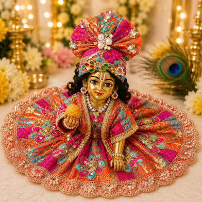 Handcrafted vibrant orange and fuchsia designer dress and matching crown for Ladoo Gopal Ji, featuring multi-colored thread embroidery and pearl borders.