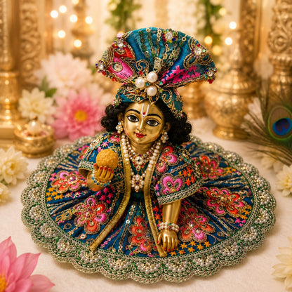 Handcrafted vibrant teal green designer dress and matching crown for Ladoo Gopal Ji, featuring multi-colored thread embroidery and pearl borders.