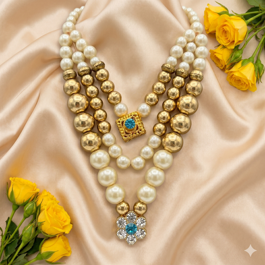 Shahi Moti-Ratna multi-layered designer mala for Ladoo Gopal Ji with gold beads, pearls, and blue stone accents