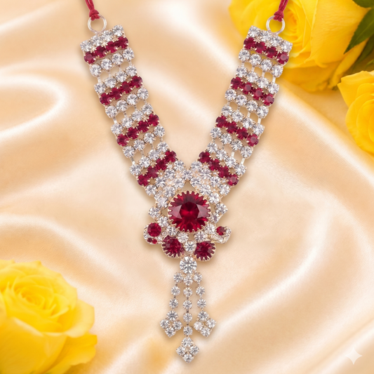 Shahi Ratna radiant ruby and crystal designer mala for Ladoo Gopal Ji, featuring a statement centerpiece and cascading pendant