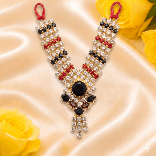 Shahi Tri-Ratna onyx, ruby, and crystal designer mala for Ladoo Gopal Ji, featuring a statement centerpiece and cascading pendant