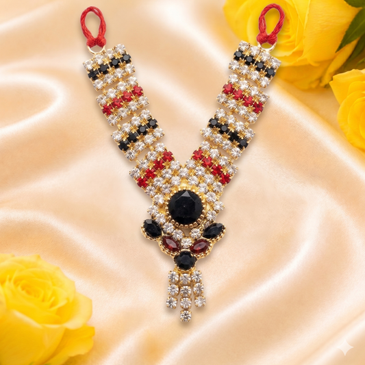 Shahi Tri-Ratna onyx, ruby, and crystal designer mala for Ladoo Gopal Ji, featuring a statement centerpiece and cascading pendant