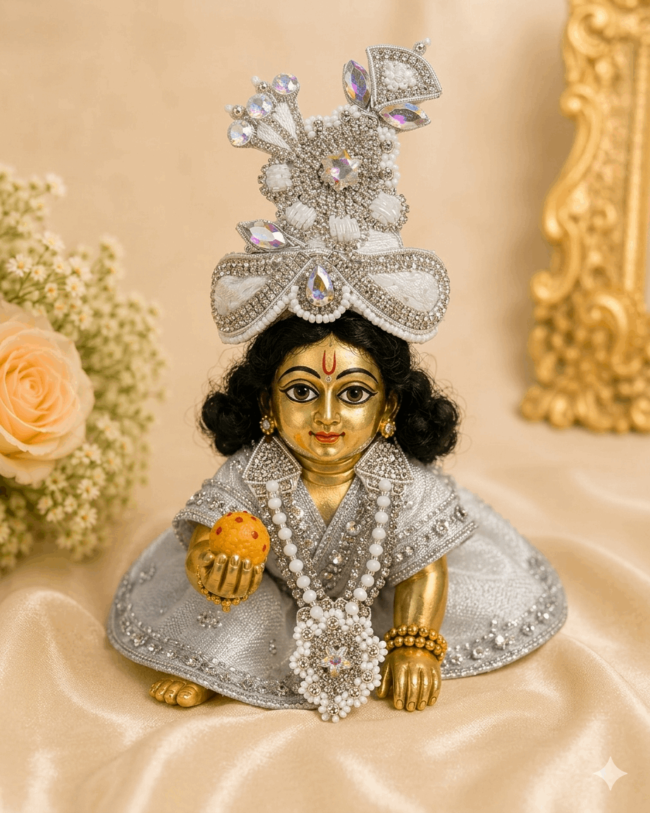 Decorative figurine of a神灵 with intricate jewelry and a crown on a beige background.