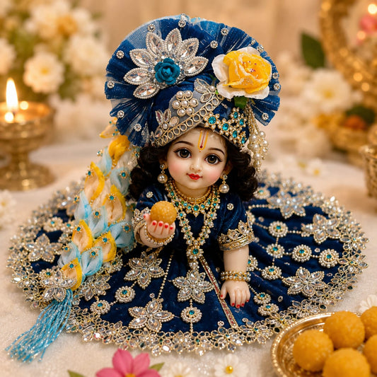 Handcrafted royal blue designer dress and matching crown for Ladoo Gopal Ji, featuring a deity appliqué, mirrors, and crystal star motifs.
