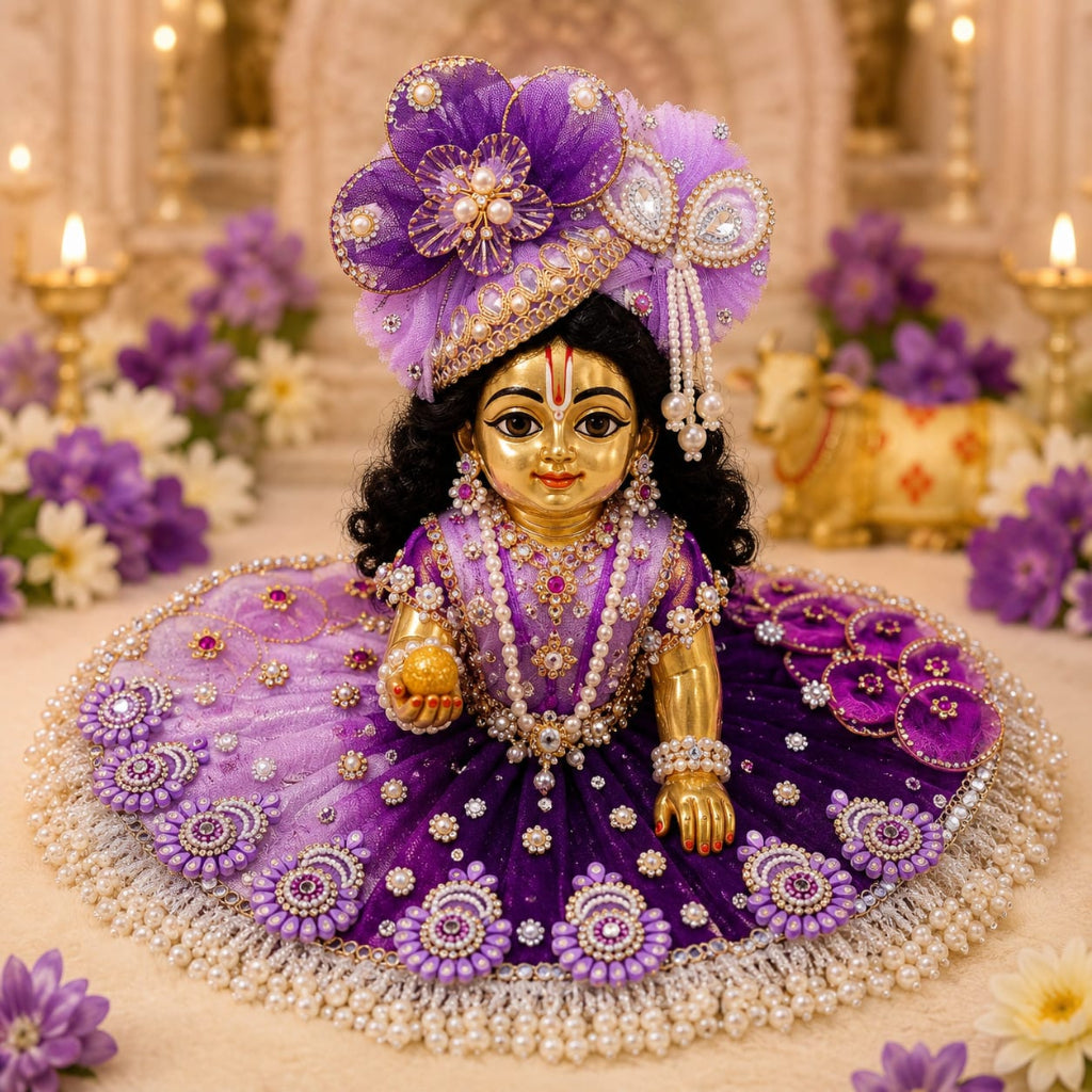 Handcrafted royal purple designer dress and matching crown for Ladoo Gopal Ji, featuring sacred cow appliqué, Krishna motifs, and pearl fringes