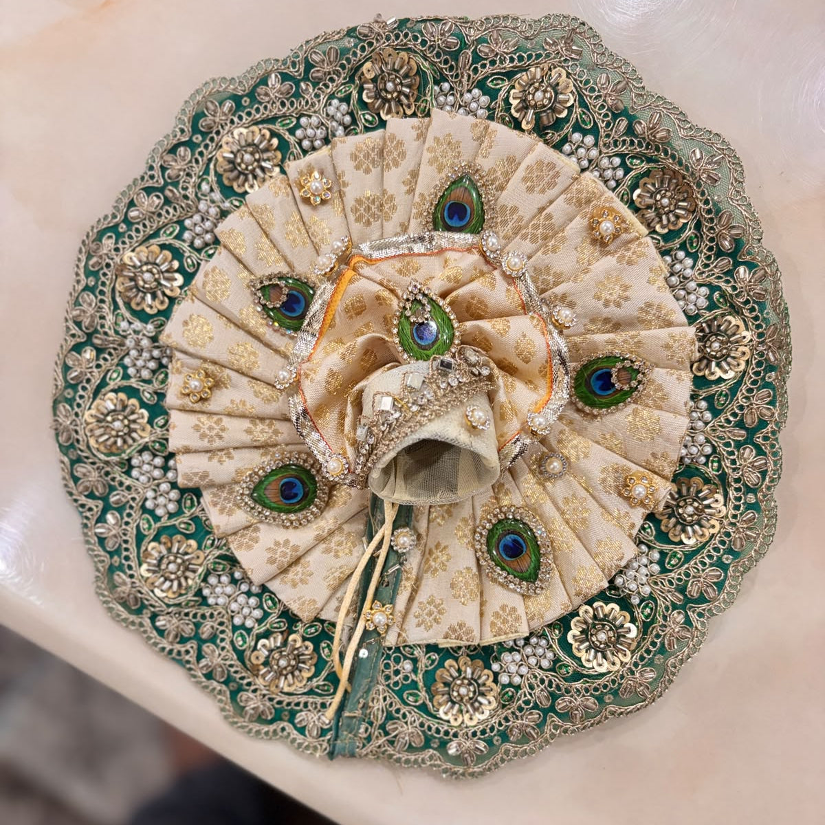 Swarna-Harita Mayur-Brocade Dual-Layer Heavy Poshak for Laddu Gopal