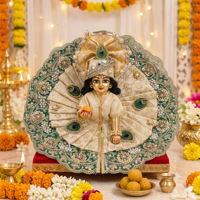 Swarna-Harita Mayur-Brocade Dual-Layer Heavy Poshak for Laddu Gopal