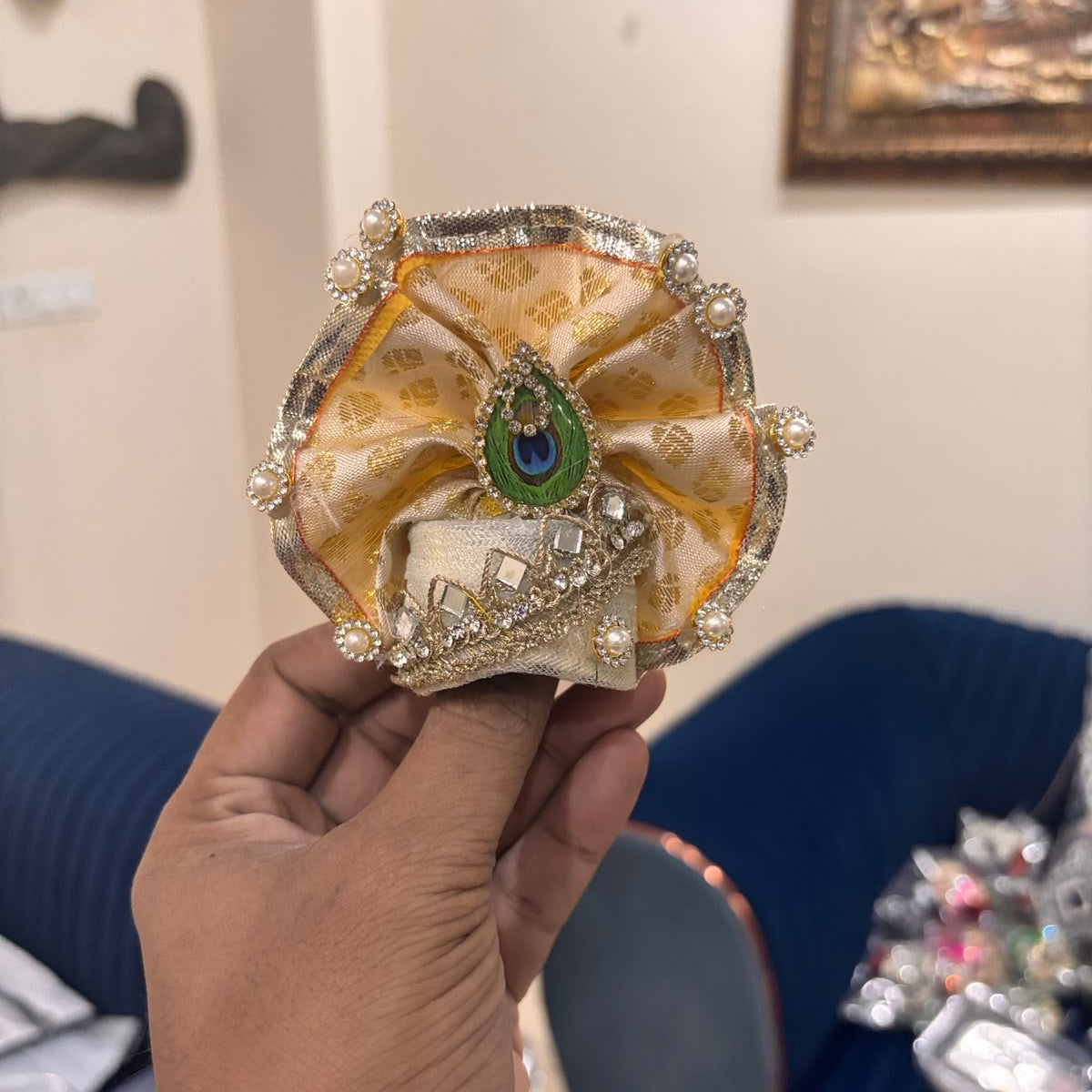 Swarna-Harita Mayur-Brocade Dual-Layer Heavy Poshak for Laddu Gopal