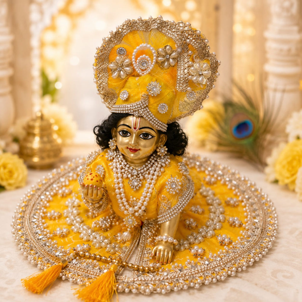 Handcrafted golden-yellow designer dress and matching crown for Ladoo Gopal Ji, adorned with pearl flowers and sparkling crystals.