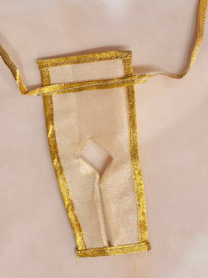 Handcrafted champagne gold and soft pink designer dress and matching crown for Ladoo Gopal Ji, featuring metallic embroidery and pearl detailing.
