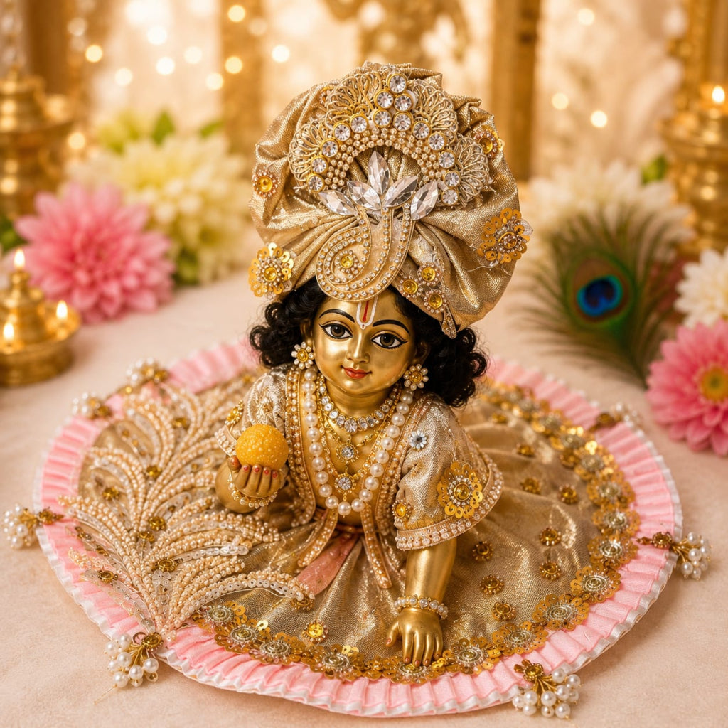 Handcrafted champagne gold and soft pink designer dress and matching crown for Ladoo Gopal Ji, featuring metallic embroidery and pearl detailing.