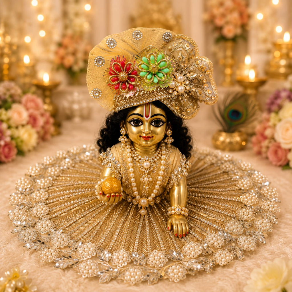 Handcrafted golden beaded designer dress and matching crown for Ladoo Gopal Ji, featuring silver floral borders and vibrant stone accents.