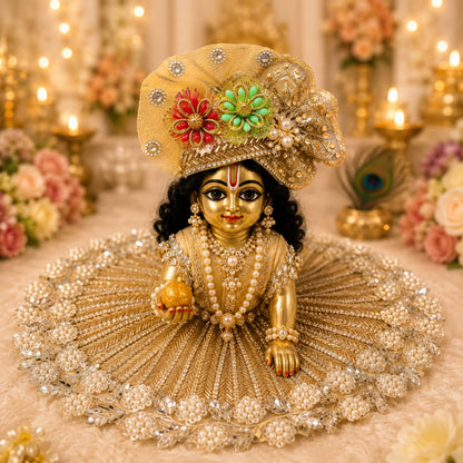 Handcrafted golden beaded designer dress and matching crown for Ladoo Gopal Ji, featuring silver floral borders and vibrant stone accents.