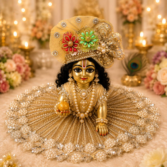 Handcrafted golden beaded designer dress and matching crown for Ladoo Gopal Ji, featuring silver floral borders and vibrant stone accents.