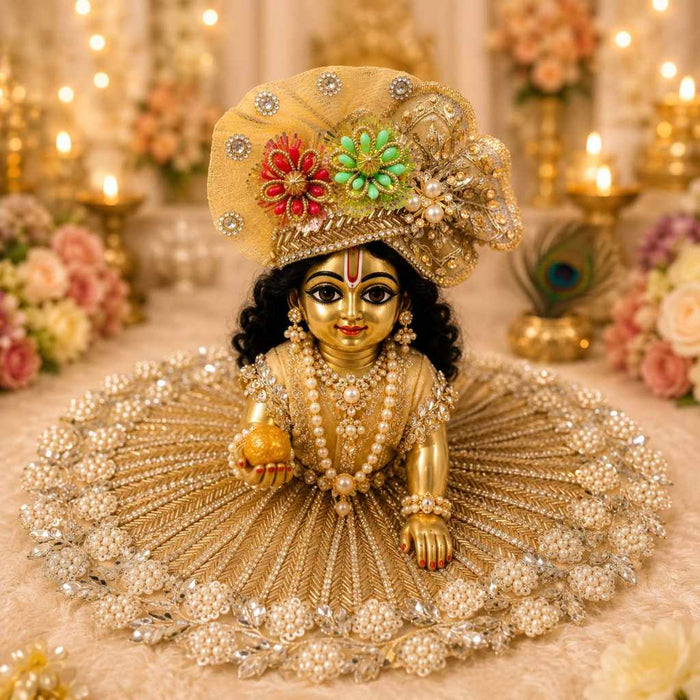 Swarna-Vaibhav Designer Poshak & Mukut Set – Radiant Golden Beadwork Edition