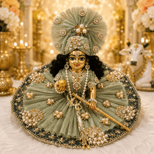 Vaikuntha Vaibhav Mint Green and Dark Layered Net Laddu Gopal Dress with Heavy Pearl Medallions and Matching Fan Mukut