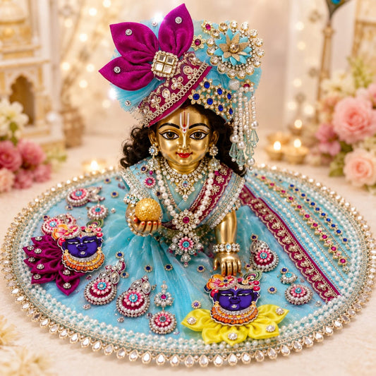 Handcrafted sky-blue designer dress and matching crown for Ladoo Gopal Ji, featuring Radha-Krishna figures, purple petal folds, and pearl detailing.